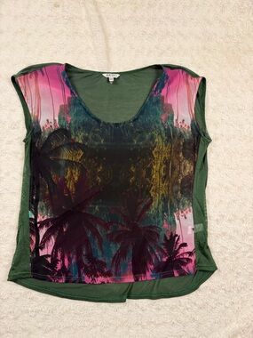 Buffalo David Bitton Green Tank with Pink & Black Palm Print